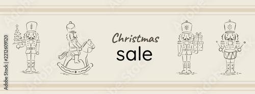 Christmas sale banner featuring vintage nutcracker soldiers, a rocking horse, a gift box, and a drum. Scandinavian-style line art on a beige striped background with elegant Christmas sale lettering, s