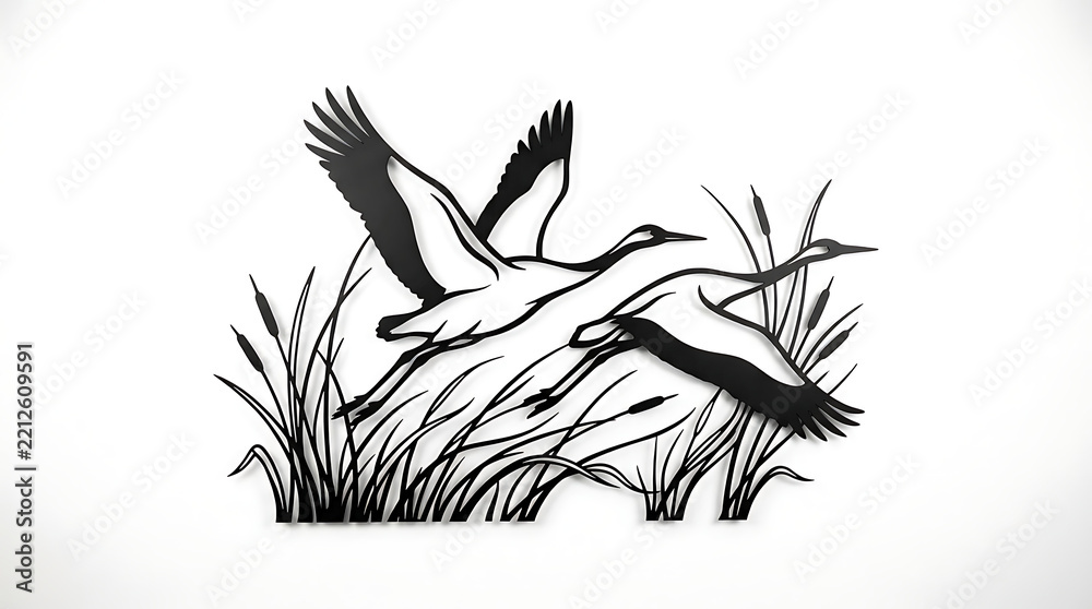 Naklejka premium Flying cranes metal wall art silhouette above reeds on white wall