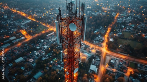 Aerial View Of Tall Communication Tower Over Illuminated Residential Suburb At Twilight