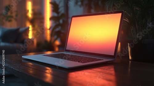 Modern Laptop With Glowing Warm Orange Screen On A Rustic Wooden Desk In Cozy Evening Home Office