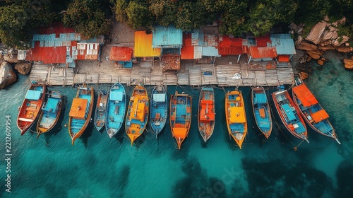 Aerial View Of Vibrant Traditional Wooden Fishing Boats Moored At A Tropical Wooden Pier In Clear