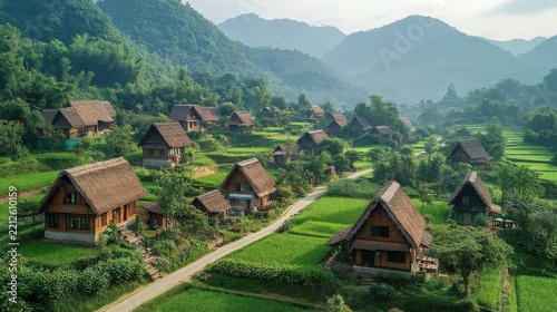 Traditional Thatched Roof Wooden Houses In Lush Green Valley With Rolling Hills Under Sunlight