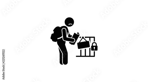 Sad Student Looking at a Locked Library Doorway Icon Representing Restricted Access to Educational Knowledge and Study Facilities