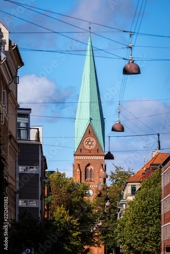 Tower of Church of Holy Cross in Copenhagen city, Denmark
