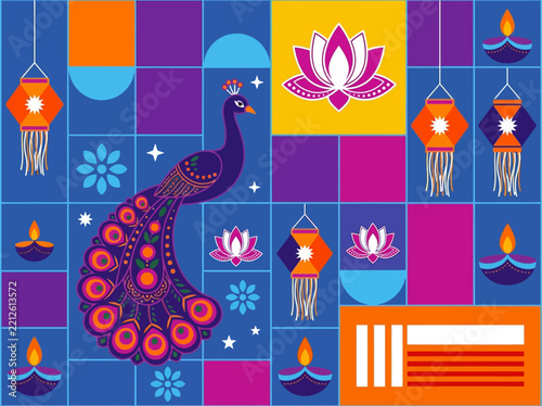 Vibrant Diwali Celebration Illustration with Stylized Peacock, Diyas, and Lotus Flowers in Modern Geometric Grid Pattern