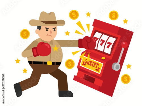 Cartoon Sheriff Punching Slot Machine with Boxing Gloves, Gambling Addiction and Law Enforcement Concept Vector Illustration