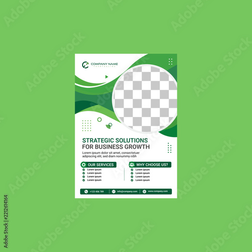 Corporate business flyer template with green abstract shapes and circular image placeholder