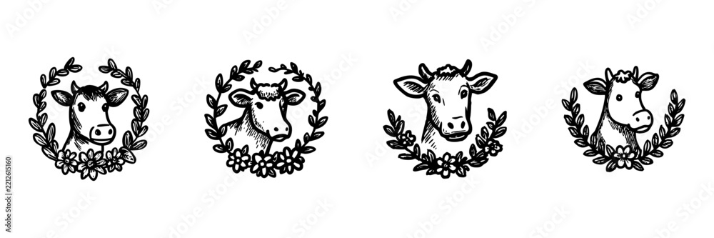 Fototapeta premium Cow Heads With Floral Wreaths Hand Drawn Doodle Icon Set. Decorative Cow Portraits Sketch Symbol Collection. Rustic Farm And Agriculture Design. Isolated Vector Illustration