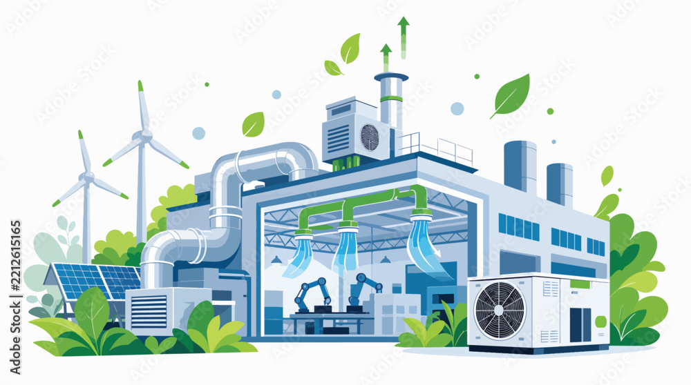 Fototapeta premium Eco-friendly industrial factory with renewable energy and green technology