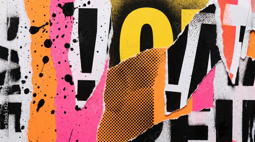 Colorful abstract urban grunge background texture featuring overlapping torn street posters with bright vibrant colors, bold typography, halftone dots and black paint splatters.
