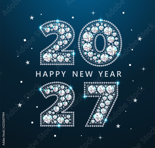2027 New Year numerals. Crafted from sparkling, luxurious gemstones—diamonds. Festive banner with glitter.