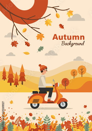 Vector illustration celebrate autumn season banner showing a person riding an orange scooter through a fall landscape with trees, falling leaves, and rolling hills