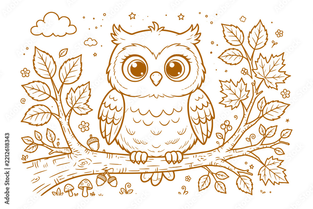 Fototapeta premium Cute owl sitting on a tree branch in a woodland autumn forest