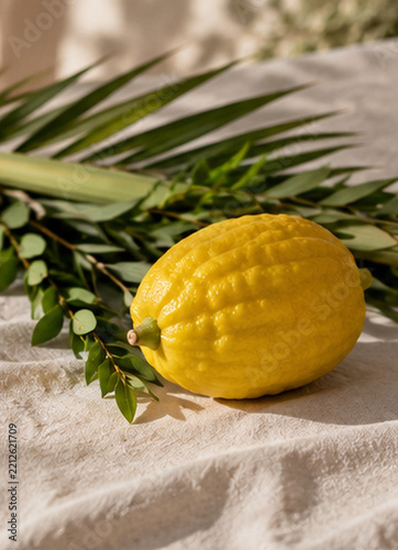 Yellow Etrog and Lulav on Natural Linen