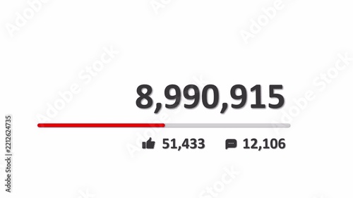 Video View Counter with Red Progress Bar showing Millions of Views from bottom to center in 4k Animation.
