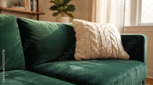 Cozy home living room detail with green velvet couch and knitted cushion pillow