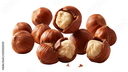 Fotografie Group of whole and cracked brown hazelnuts with visible creamy kernels
