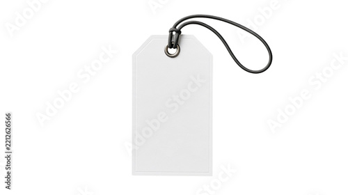 Rectangular white plastic luggage tag with black elastic cord and metal eyelet