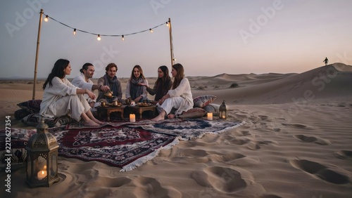 Friends Enjoying Outdoor Sunset Picnic in Desert with String Lights and Decor