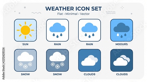 Flat minimal weather icon set featuring rain cloud and snow symbols isolated on white background