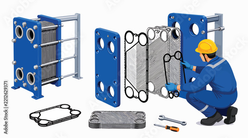 Industrial worker assembling blue plate heat exchanger with tools