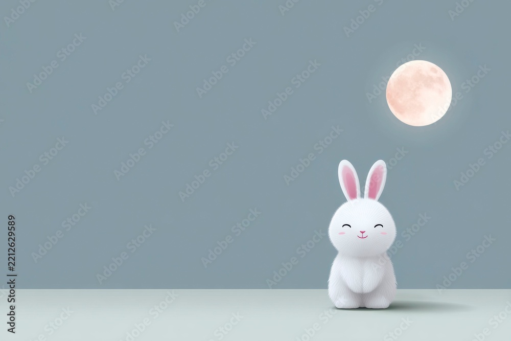 Obraz premium a cute white rabbit smiling under the moon, pastel color background