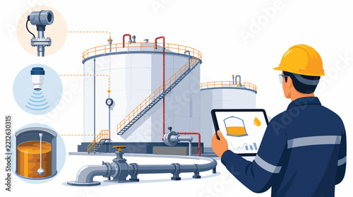 Engineer monitoring industrial storage tanks with digital tablet