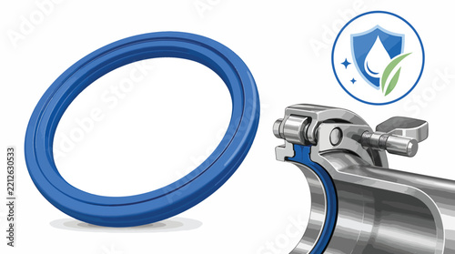 Blue rubber seal and metal clamp with eco-friendly symbol