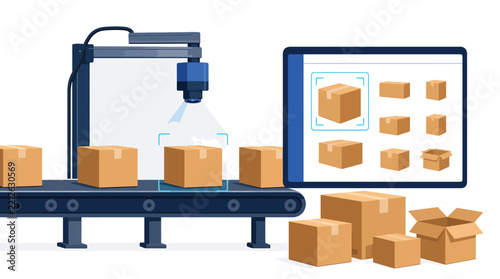 Automated conveyor belt sorting cardboard boxes in warehouse