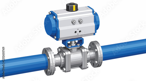 Pneumatic ball valve with blue actuator on steel pipe