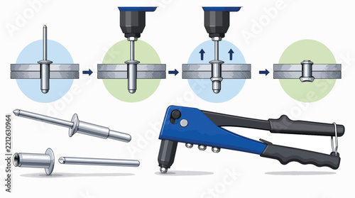 Industrial riveting process with blue pneumatic tool and metal parts