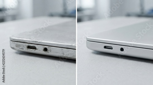 refurbished electronics before after Side-by-side comparison of old and new laptop edges showing wear and condition.