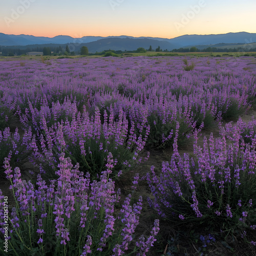 Expansive Purple Lavender Field Blooming Across the Countryside with Distant Mountains Under Warm Golden-Hour Light