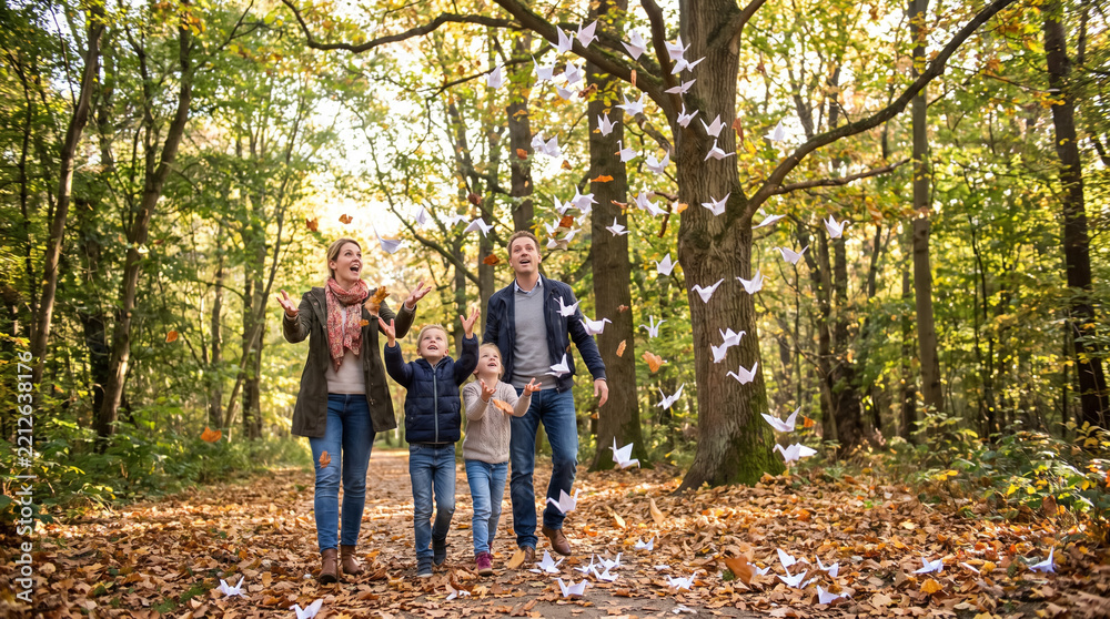 Fototapeta premium Happy Family Walking in Autumn Forest with Paper Cranes and Leaves Flying. Concept of origami birds, falling leaves, kids, parents, outdoor activity.