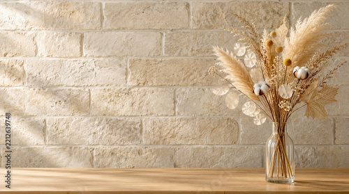Dried pampas grass bouquet with cotton bolls in glass vase on wooden table against beige brick wall. Boho home decor background mockup with copy space for autumn branding.