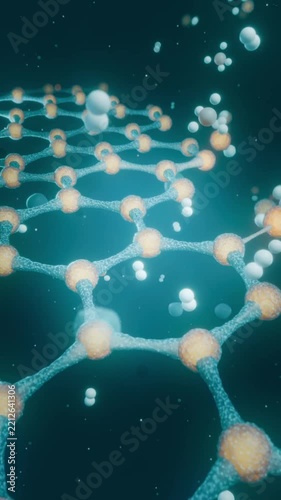 Vertical video: Gliding cam revealing hex grid moving in nano view showing teal bonds orange nodes