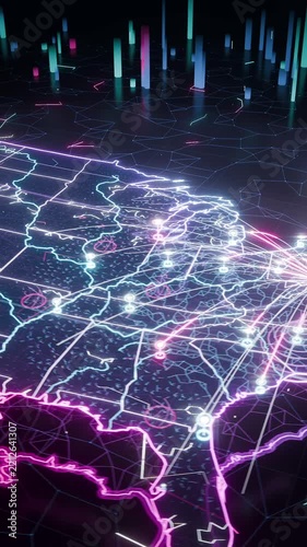 Vertical video: Lights starting, neon grid map rising on dark plane, showing data with magenta beam