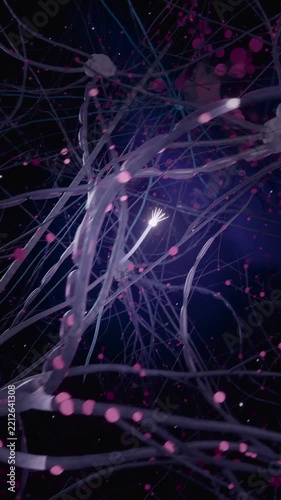 Vertical video: Pulling cam back showing purple brain in neurons, emitting pink sparks to map links