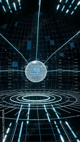 Vertical video: Emerging sphere showing AI text, sliding down neon data hall as camera pulling back