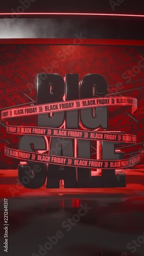 Vertical video: Opening metal shutter revealing 3D BIG SALE at promo set rotating BLACK FRIDAY tape