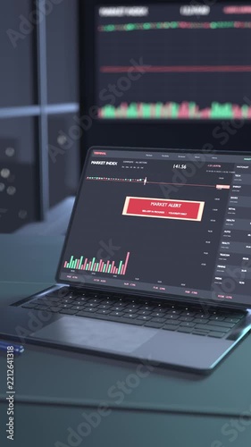 Vertical video: Opening laptop lit keys showing charts in night office market drop making alert