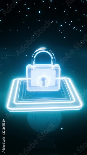Vertical video: Forming translucent padlock after rising neon platform on circuit plane, starfield