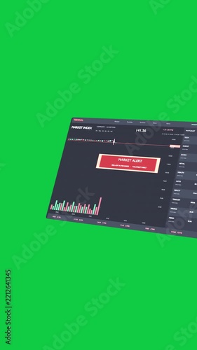 Vertical video: Rotating panel showing MARKET INDEX falling chart flashing ALERT signaling risk