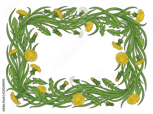 Dandelion flowers in green leafy border frame