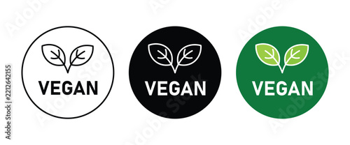 Vegan Logo Collection: A set of three vegan logos featuring the word VEGAN and a leaf motif in circular designs. Available in white outline, black, and green variations.