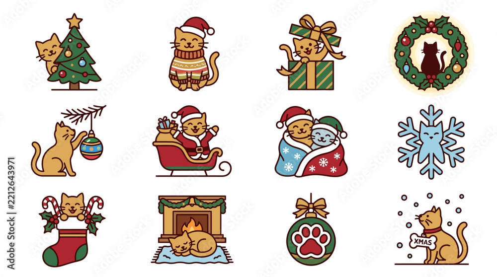 Obraz premium Cute cats celebrating Christmas with trees, Santa hats, gifts, and festive decorations.