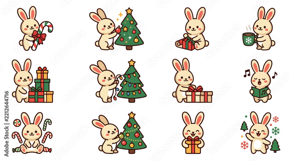 Fototapeta premium Cute cartoon rabbits celebrating Christmas with trees and gifts in a set of festive vector stickers.