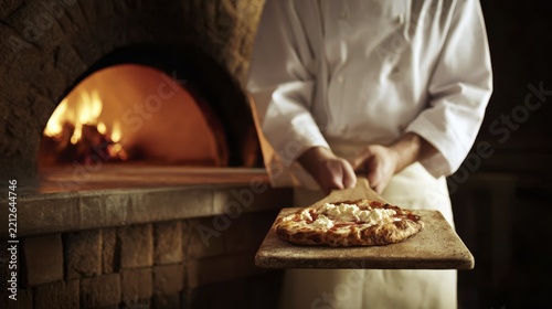 Artisan chef baking authentic neapolitan pizza in traditional wood-fired oven