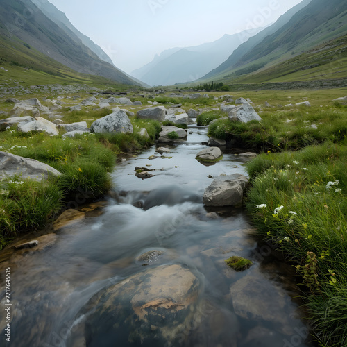 Crystal-Clear Alpine Stream Winding Through a Lush Mountain Valley Surrounded by Rocky Slopes and Highland Vegetation