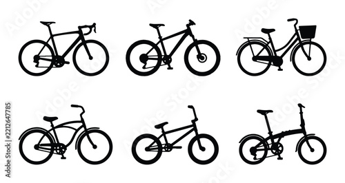Bicycle silhouettes set with road bike, mountain bike, cruiser, BMX and folding bike for transport